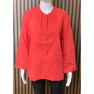 Eileen Fisher Linen Blend Band Collar Button Front Blouse Coral Pink Medium